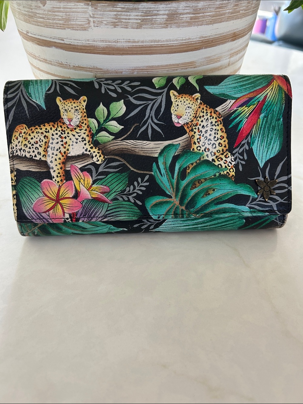 Anuschka Hand Painted Leather Trifold Wallet Jungle Queen Leopard - Excellent!